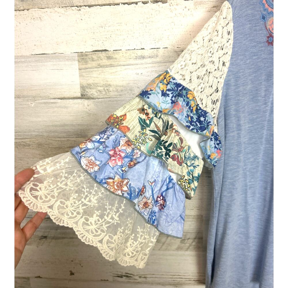 John Mark Light Blue Embroidered Boho Blouse with Cream Lace Sleeves - Picture 3 of 6